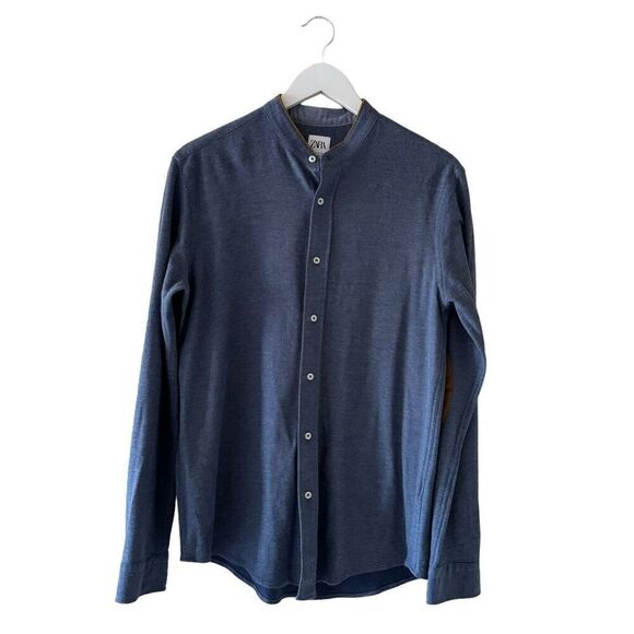 Zara Other - Zara Blue Knit Band Collar Button-up  Casual Regular Fit Dress Shirt SZ M  #2201